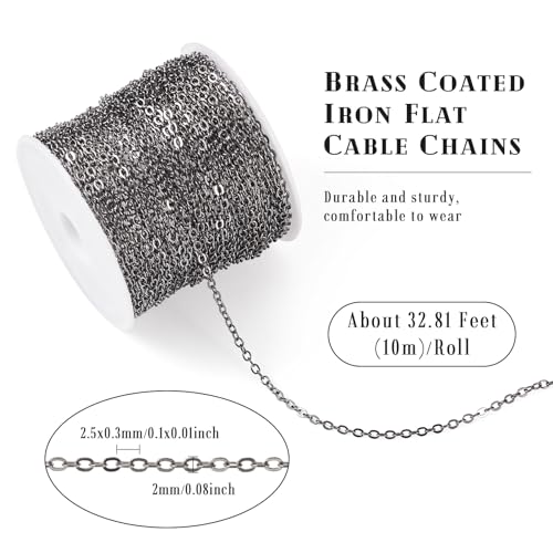 Cheriswelry 32.81Feet/10m Gunmetal Cable Chain Flat Oval Cross Chain Links Brass Coated Iron Curb Chain with Spool 2.5x2x0.3mm for Jewelry Making Necklace Bracelet - color: Gunmetal