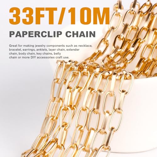 33FT Gold Paperclip Chain Roll 5.5MM Gold Plated Aluminum Paperclip Link Chains Spool Bulk for Jewelry Making - color: gold, size: 5.5MM