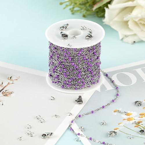 UMAOKANG 33ft Bead Chain for Jewelry Making Stainless Steel Cable Link Chain Spool Lavender Beaded Bracelet Chain with Open Jump Rings and Lobster Clasps - color: Lavender Bead-Steel