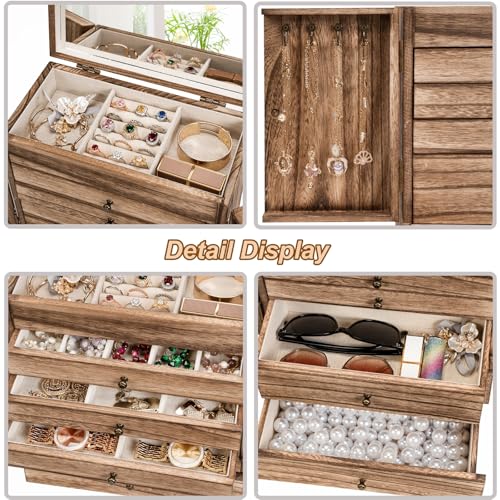 Emfogo Wooden Jewelry Box for Women, 6-Tier Large Jewelry Organizer Boxes with Mirror Rustic Solid Wood jewlery Storage Display for Rings Earrings Necklaces Bracelets watches(Carbonized Black)