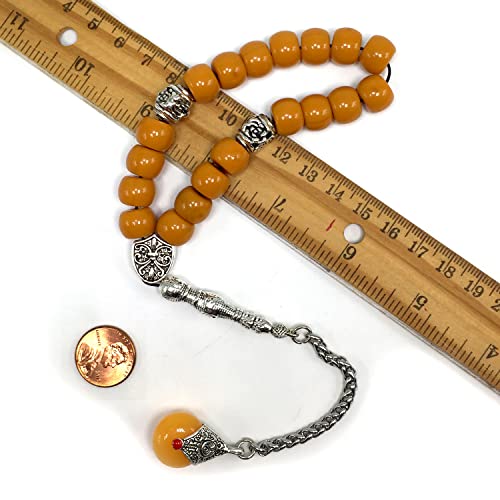 Simple Designed Natural Stone Worry Beads - Prayer Beads Tesbih-Tasbih-Tasbeeh-Misbaha-Subha-Sebha-Sibha-Rosary (Dark Orange Resin Drum -13X9 mm- 19 Big Beads) - color: Dark Orange Resin Drum -13X9 mm- 19 Big Beads