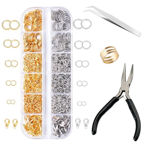 1200PCS Jewelry Making Supplies,Open Jump Rings and Lobster Clasps Jewelry Kit with Jump Ring Pliers Used Necklace Repair with Pliers and Ring for Necklace Repair and Making Kit