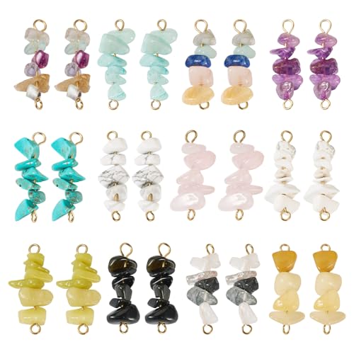 24Pcs Nuggets Gemstone Chip Connector Charms Irregular Energy Healing Crystal Beaded Pendants with Double Loops Stone Dangle Link Charms for DIY Earring Necklace Bracelet Jewelry Making - color: Mixed Color-A