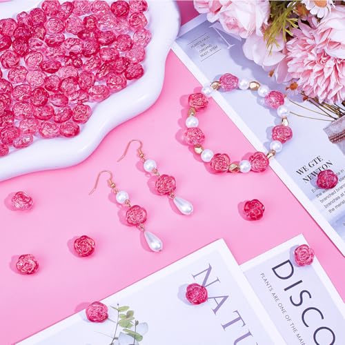 1 Box 100Pcs Pink Rose Beads Glass Flower Bead Transparent Czech Carved Flowers Floral Crystal Glitter Loose Spacer Beads for Bracelet Necklace Jewelry Making DIY Craft Decors Accessories