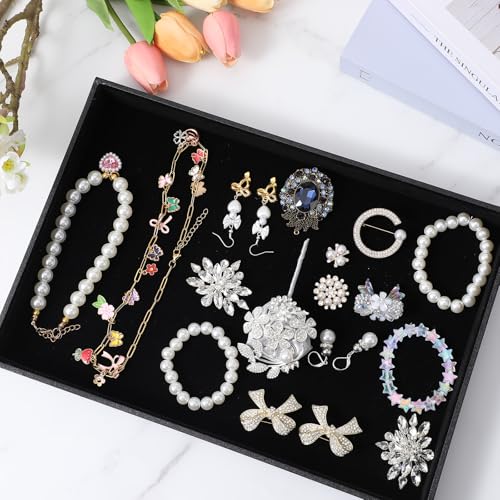 6-Piece Velvet Stackable Jewelry Organizer Trays – 13.8" x 9.5" Large Size Black Premium Display & Storage for Necklaces, Bracelets, Rings & More