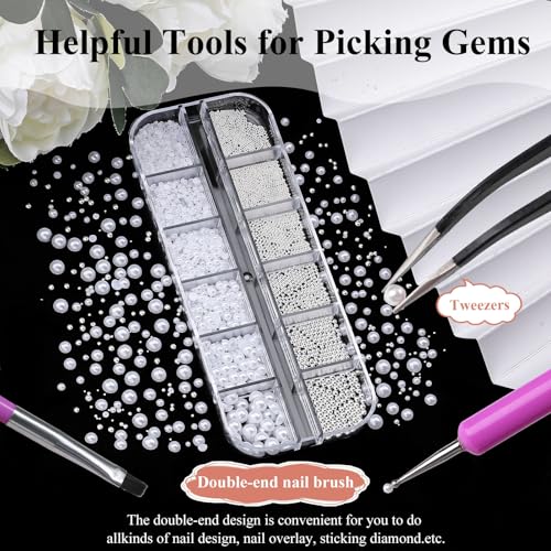 3D Mini Small Caviar Nail Beads Balls, 0.7-2mm Silver Nail Art Beads 1.5-5mm White Nail Pearls Half Round Flatback Pearl Nail Charms with Pickup Tools for Nails Face Eyes Makeup(31-K1-4) - color: 31-K1-4