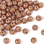 KISSITTY 50Pcs Antique Red Copper Round Iron Beads 8mm Small Hole Loose Metal Corrugated Round Bead Craft Tibetan Style Alloy Spacer Bead for DIY Jewelry Making Findings Charms Pendants