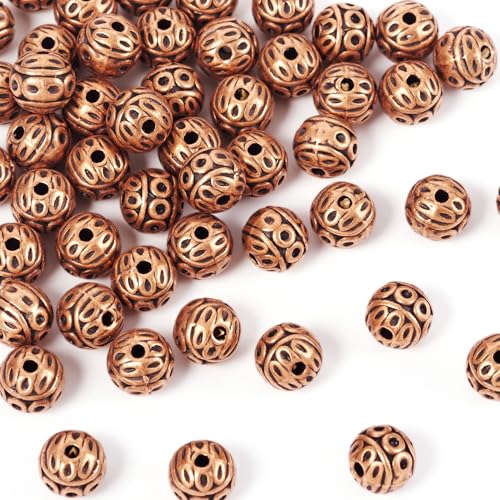 KISSITTY 50Pcs Antique Red Copper Round Iron Beads 8mm Small Hole Loose Metal Corrugated Round Bead Craft Tibetan Style Alloy Spacer Bead for DIY Jewelry Making Findings Charms Pendants