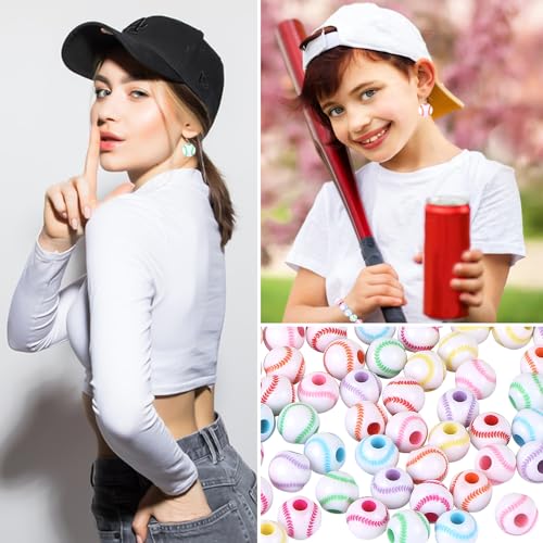 100pcs Baseball Beads with 5.5 Yard Elastic Rope,Acrylic Softball Bead Sports Beads DIY Spacer for Necklace Bracelet Keychains Handmade Jewelry Making Accessories,12mm(Rainbow Baseball) - color: Rainbow Baseball