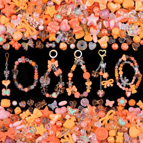200-260PCS TINKRSTUFF Assorted Acrylic Beads Orange Cute Beads for Bracelet Making, Bow Flower Butterfly GummyBear Kawaii Charms, Aesthetic Bead for Necklace Keychain Jewelry Making DIY Phone Charm - color: Orange