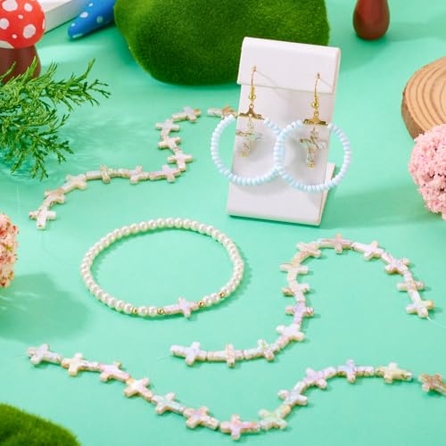 Beadthoven 36Pcs Cross Natural Freshwater Shell Beads 14.5x12mm Colorful Drawbench Painted Crucifix Cross Beads Small Jesus Christian Crosses Gemstone Loose Spacers for DIY Jewelry Making - color: Iridescent