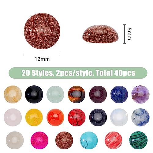SUPERFINDINGS 40pcs 20 Style Natural Cabochon Gemstone 12mm Half Round Dome Flatback Quartz Stone for Necklace Jewelry Making DIY Craft Handmade - size: 12mm