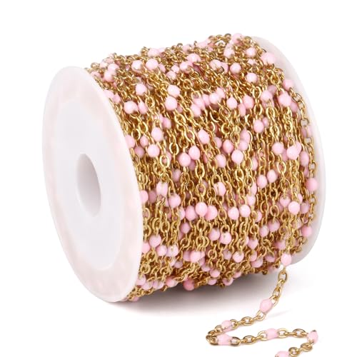 33 Feet Gold Enamel Chains Bulk, 2mm 18K Gold PVD Plated 304 Stainless Steel Pink Enamel Beaded Cable Link Chain Roll Spool for Jewelry Making - color: Gold Pink Beads