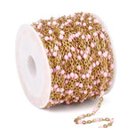 33 Feet Gold Enamel Chains Bulk, 2mm 18K Gold PVD Plated 304 Stainless Steel Pink Enamel Beaded Cable Link Chain Roll Spool for Jewelry Making - color: Gold Pink Beads