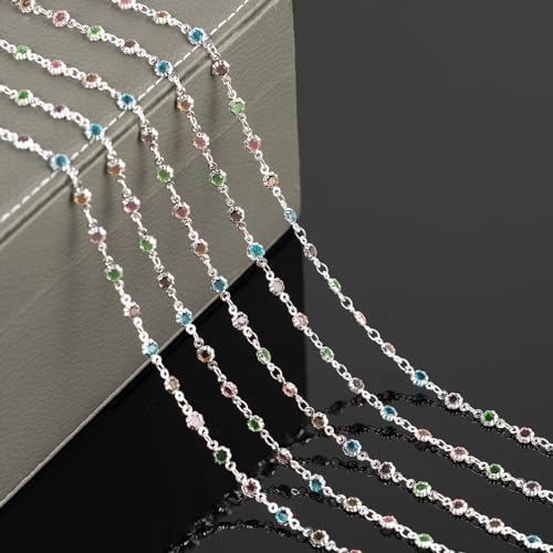 YOUBEIYEE 3 Yard Colorful Rhinestone Jewelry Chain for Jewelry Making Silver Plated Brass Chains Bulk with Jump Rings and Lobster Clasps - color: Colorful Crystal