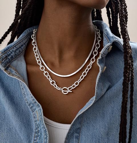 CHESKY 14K Gold Plated Chunky Necklace for Women, Trendy Paperclip Chain Necklace Thick Cross Heart Pendant Necklace Layered Herringbone Cuban Link Chain Toggle Necklaces Non Tarnish Jewelry - color: silver, style: paperclip+herringbone