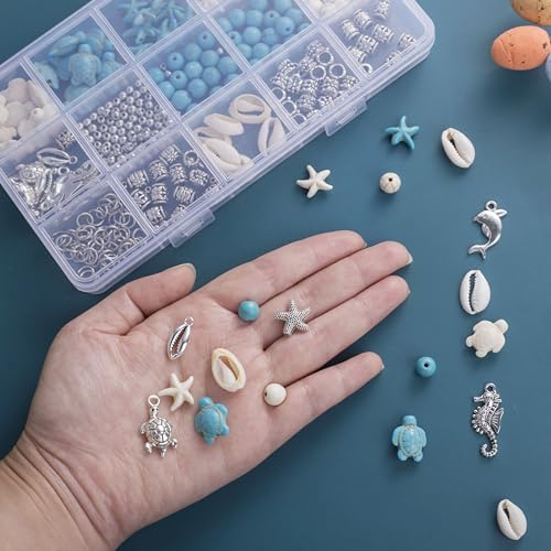 325Pcs Turquoise Sea Turtle Beads Blue and White Starfish Beads Tortoise Turtle Charms Summer Ocean Animal Spacer Bead Shell Bead for Jewelry Making DIY Bracelet Necklace Supplies(Box) - color: Blue and Silver