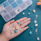 325Pcs Turquoise Sea Turtle Beads Blue and White Starfish Beads Tortoise Turtle Charms Summer Ocean Animal Spacer Bead Shell Bead for Jewelry Making DIY Bracelet Necklace Supplies(Box) - color: Blue and Silver