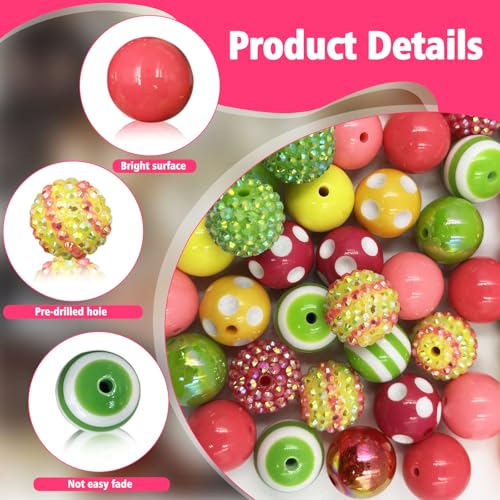 50Pcs Yellow Green Chunky Bubblegum Beads, 20mm Chunky Bubble Gum Beads for Adult DIY Beadable Pens Bracelets Necklaces Pearl Beaded Craft Mother's Day Jewelry Making - color: Rose Red+Light Green