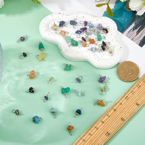 SUPERFINDINGS 84Pcs 7 Colors Gemstone Chip Charms Natural Stone Link Charms Double Loops Connector Antique Silver Stone Charm DIY Jewelry Making for Necklaces Bracelets Anklets