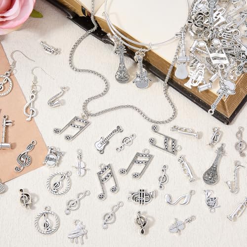 Charms for Jewelry Making Bulk Antique Silver Tibetan Alloy Pendants Love Word for Earring Bracelet Necklace - style: Music