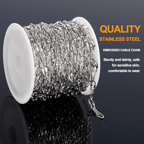 KYUNHOO 16.4 Feet Silver Stainless Steel Chains Bulk Embossed Lip Chain Roll Soldered Cross Link Chains Cable Chain with Jewelry Clasps for Handcraft Making - color: Cross Oval Silver