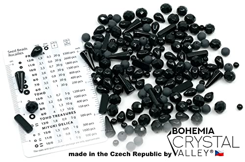 2.1oz (60g) of Glass Bead Mix with Drops, Table-Cut and fire Polish Czech Beads, Glossy & Matte Black - color: Black