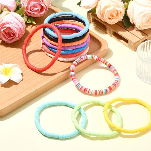 Ornaland 12 Pcs Hei Shi Surfer Bracelets Friendship Bracelets Clay Bead Bracelets Polymer Stretch Bracelet Stackable Bracelet Set Women Summer inner diameter of the bracelet is about 6.5~7cm