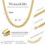 WomenGifts Cuban Link Chain Necklace for Women, Waterproof 14k Gold Silver Plated Chain Choker, Non Tarnish Stainless Steel Jewelry, 3.5/5/6/8/11mm,14/16/18 Inch Thin&Chunky&Thick - color: Gold, style: 6MM-18"