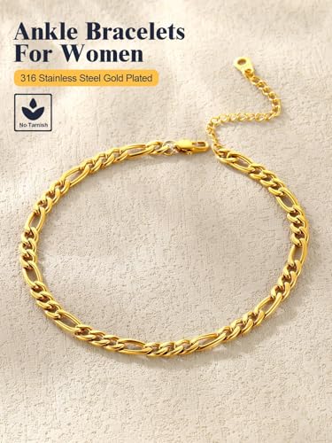 U7 Women Girls Barefoot Jewelry 18K Gold or Rose Gold Stainless Steel Heart/Rope/Figaro/Cuban Chain Anklet Foot Bracelet, 25-30 CM Long - color: Gold Plated-5mm-Figaro Chain