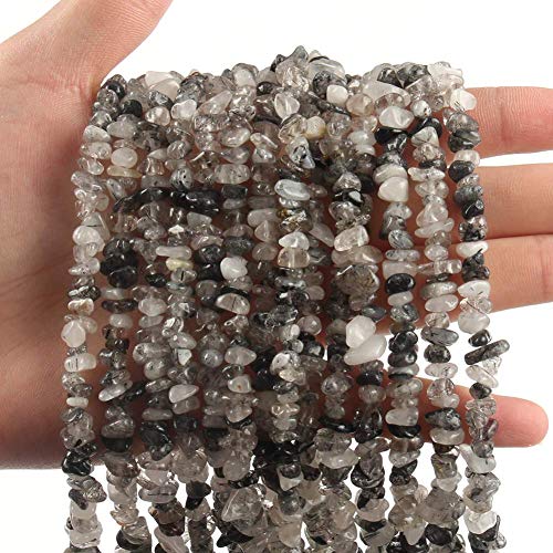 HAAMIIQII 5-8mm Natural Black Rutilated Quartz Chips Beads Irregular Chip Stones Loose Gemstone Energy Healing Beads for Jewelry Making Strand 30 Inch - color: Black Rutilated Quartz