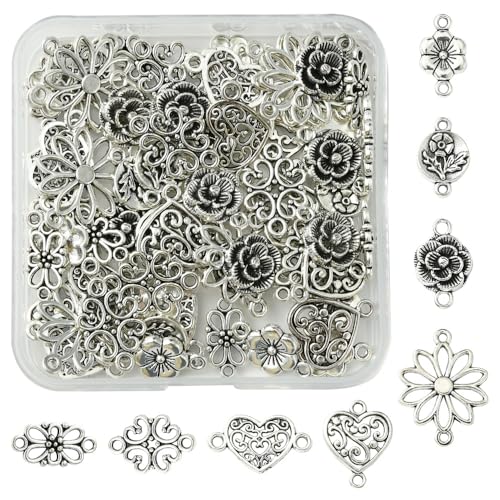 Assorted Metal Connectors Pendants Charms for Jewelry Making with Double Loops Flower Evil Eyes Butterfly Heart Cross Links Golden Pendants for Necklaces Bracelets Earrings - color: Vintage Flower- 64 pcs