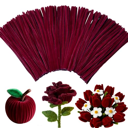 Pipe Cleaners,200Pcs Wine Red Pipe Cleaner Flower Kit,Chenille Stems for DIY Bouquet Festivals Room Decor,Valentine's Day Craft Supplies,Christmas Ornaments,Halloween Fall Decorations for Home Crafts - color: Red Rose