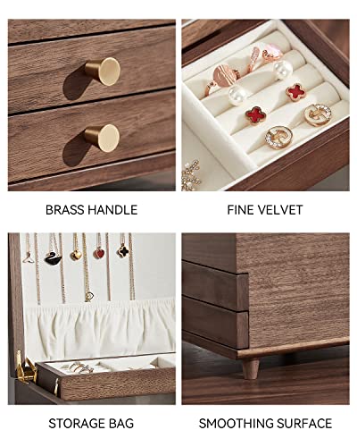 Wooden Jewelry Box, 3 Layer Large Jewelry Organizer for Women, Jewelry Storage, for Necklaces Rings Earring Watches Bracelets, Black Walnut Wood, Mothers Day Gifts for Mom