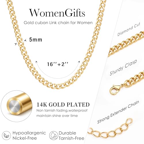 WomenGifts Cuban Link Chain Necklace for Women, Waterproof 14k Gold Silver Plated Chain Choker, Non Tarnish Stainless Steel Jewelry, 3.5/5/6/8/11mm,14/16/18 Inch Thin&Chunky&Thick - color: Gold, style: 5MM-16"