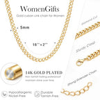 WomenGifts Cuban Link Chain Necklace for Women, Waterproof 14k Gold Silver Plated Chain Choker, Non Tarnish Stainless Steel Jewelry, 3.5/5/6/8/11mm,14/16/18 Inch Thin&Chunky&Thick - color: Gold, style: 5MM-16"