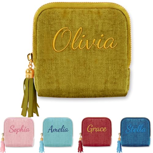 Mothers Day Gifts Personalized Travel Jewelry Case with Embroidered Name,Custom Small Jewelry Pouch Velvet Jewelry Organizer Storage Bag for Bracelet Rings Earring - color: Green