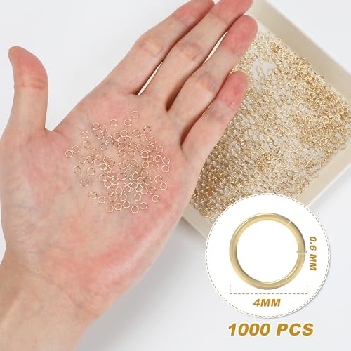 4MM 1000PCS 14K Gold Jump Rings for Jewelry Making Non Tarnish Small Open Gold Filled Jump Rings for Necklace Earrings Bracelet Key Chains and DIY Craft - size: 4MM-1000PCS
