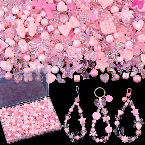 200-260PCS TINKRSTUFF Assorted Acrylic Beads Pink Cute Beads for Bracelet Making, Bow Star Aesthetic Flower Butterfly GummyBear Kawaii Charms for Jewelry Making Necklace DIY Keychain Phone Charm - color: Pink-150g