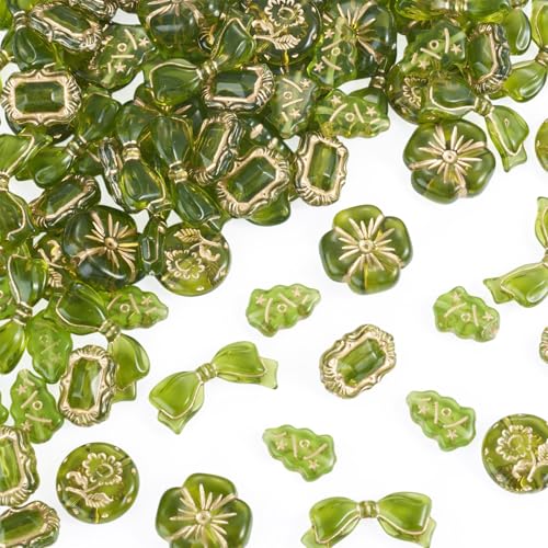 Beadthoven 100-110Pcs Assorted Bohemia Acrylic Beads Transparent Kawaii Aesthetic Beads Heart Flower Bow Round Metal Enlaced Czech Beads Bulk for Bracelet Earrings Necklace DIY Craft Olive Green - color: Olive Green