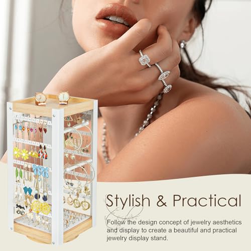 keomaisyto Earring Holder Organizer, Rotating Jewelry Holder with Ring Tray/Bracelet/Necklace Hooks, 360°Earring Organizer with Stable Bamboo Base for Jewelry Display, White - color: White & Grey