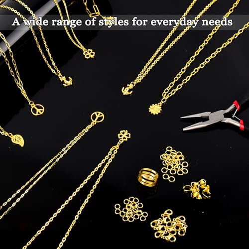 ZEVOFIUR Gold Necklace Chains for Jewelry Making, 9 Rolls of Jewelry Chain, DIY Starter Kit for DIY Necklace Bracelet Making Accessories with Jump Rings, Lobster Clasps, Connectors, Charms