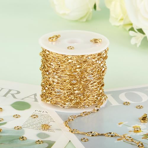 KYUNHOO 5 Meters Gold Plated Chains for Jewelry Making Sunflower Texture Chain Links Gold Stainless Steel Jewelry Chain 8MM Long Lip Chain for Jewelry Craft DIY with Jump Rings Lobster Clasps - color: Cross Oval Gold
