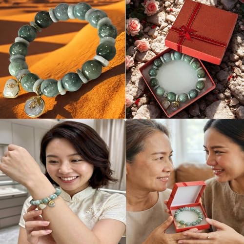 Natural Green Jade Beaded Bracelet with White Jade Spacer & Heart Charm – Elastic Stretch Crystal Bracelet for Luck, Love & Protection – Gift Box Included