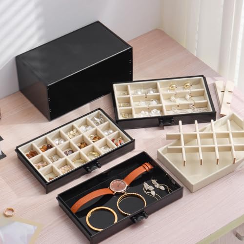 YUFONG Earring Organizer Box Acrylic Jewelry Organizer with 3 Drawers 54 Adjustable Grids Clear Stackable Earring Holder Velvet Trays Ring Display Case for Women Girls (Black Beige) - color: Black Beige