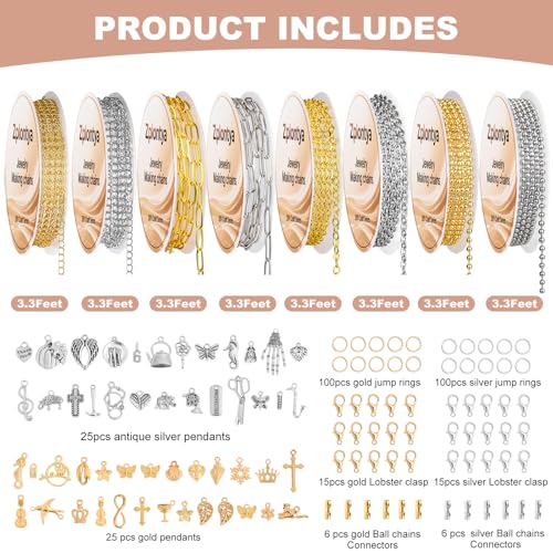 Zplontya 8 Rolls Necklace Chains for Jewelry Making 330PCS Include 26FT Gold & Silver Chains, Jump Rings, Clasps, Charms Pendants, Chains Connectors for DIY Permanent Bracelet & Jewelry Making