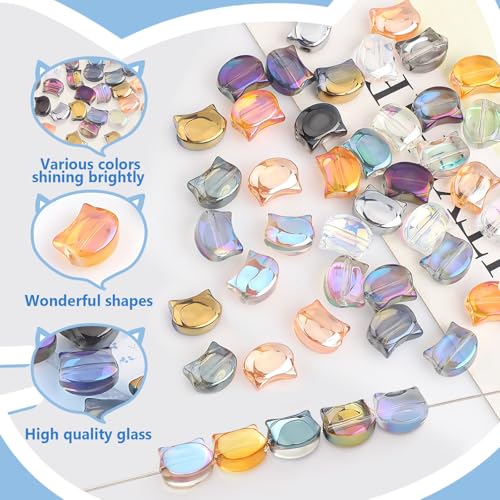 Cat-Shaped Beads, KLFHS 60PCS Glass Cat-Shaped Beads Charms, Cute Animal Bead Mixed Color Glass Bead Bulk Spacer Beads for Bracelet Necklace Earring Craft Supplies DIY (8 * 10MM) - color: Cat
