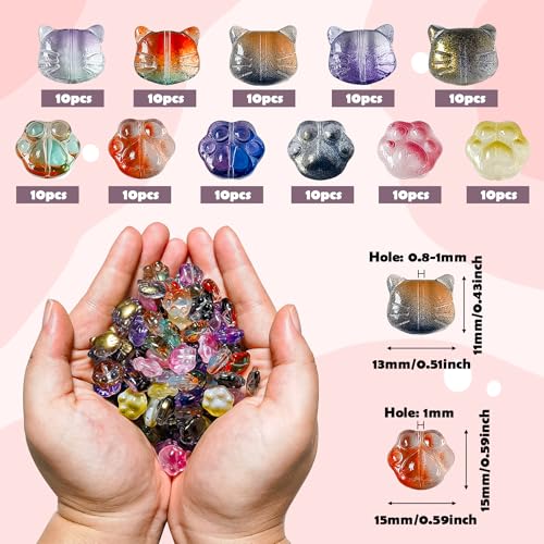 110pcs Cat Paw Print Glass Beads Crystal Cat Footprint Lampwork Beads 11 Styles Cute Pet Paw Loose Beads for DIY Craft Jewelry Necklace Earring Bracelet Making