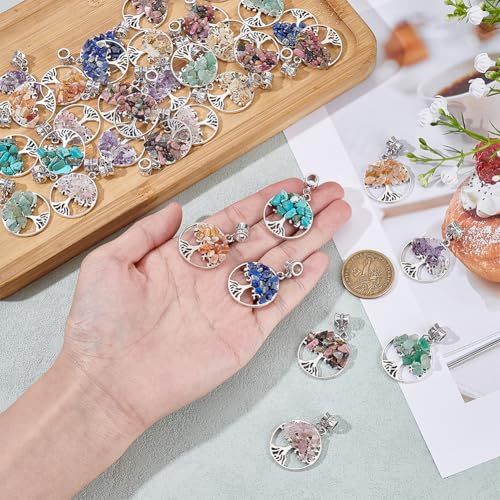 36Pcs 9 Styles Tree of Life Charms European Style Alloy Tree Charms Antique Silver Hollow Mixed Stone Beaded Dangle Charm Bulk for Jewelry Making Bracelet Necklace DIY Findings