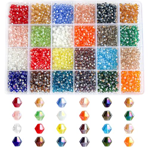 Rubdub 2880pcs 4mm Crystal Bicone Bracelet Beads Bulk Faceted Glass Beads for Necklace Earring Keychain Dolls Jewelry Making (24 Rainbow AB Colors) - size: 4mm